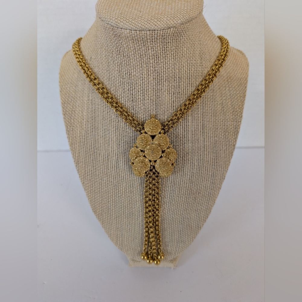 Vintage Crown Trifari Gold Tone Layered Double Strand Floral Pendant